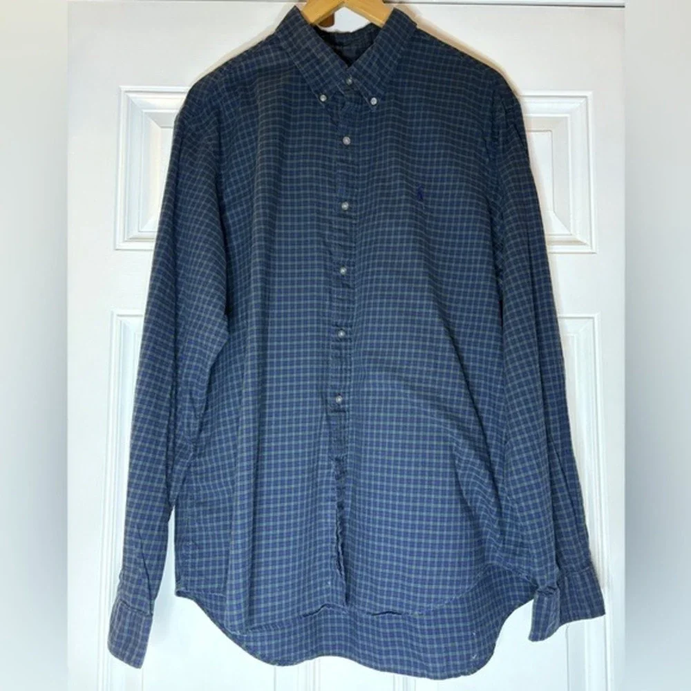 Polo Ralph Lauren Mens Slim Fit Cotton Micro Check Button Down Shirt Navy Green